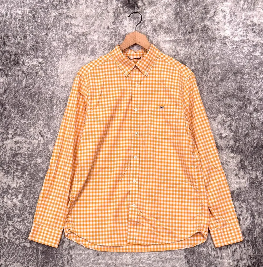 Vineyard Vines Shirt Medium Mens On The Go Performance Orange Gingham Check - Picture 1 of 8
